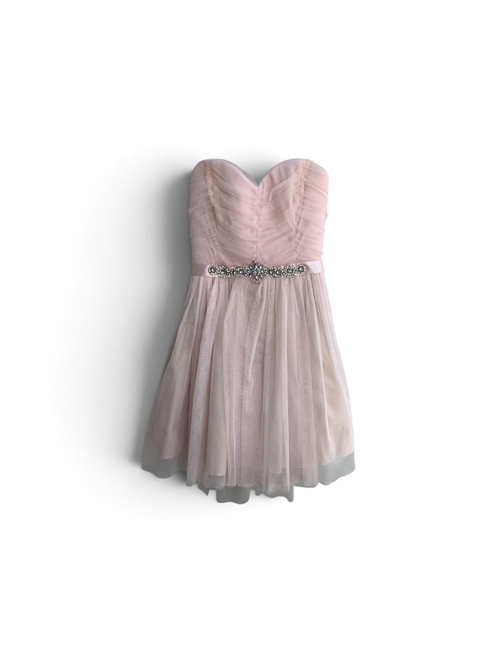 Teen. Blush Pink Strapless Rhinestone Sweetheart Tulle Dress – Homecoming / Prom